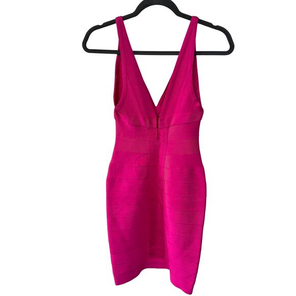 Hervé Léger Fuchsia Bandage Dress XS Deep V Bodycon Mini Clubwear Cocktail - Picture 2 of 14